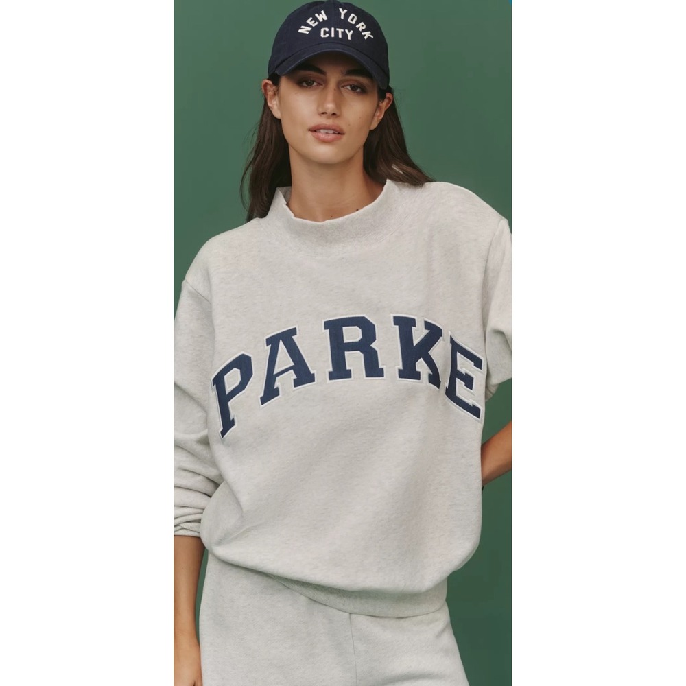 Parke Varsity Crewneck Heather Grey Navy Blue Logo Oversized Sweatshirt L/XL NWT